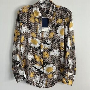 Zara Denim button down floral top blouse shirt